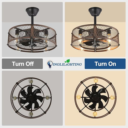 DLLT Caged Ceiling Fan with Lights: 20" Farmhouse Fandelier with Light and Remote - Walnut Industrial Chandelier Fan Light for Bedroom Living Dining Room Kitchen