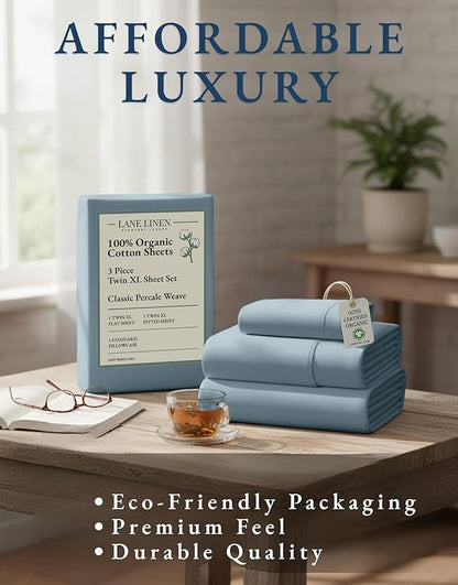 LANE LINEN 100% Organic Cotton Bed Sheets Extra Long Twin, Soft & Comfy Fully Elasticized Percale Perfect for Hospital Bed & Dorm Room, Low Pilling Machine Washable Twin XL Sheet- French Blue