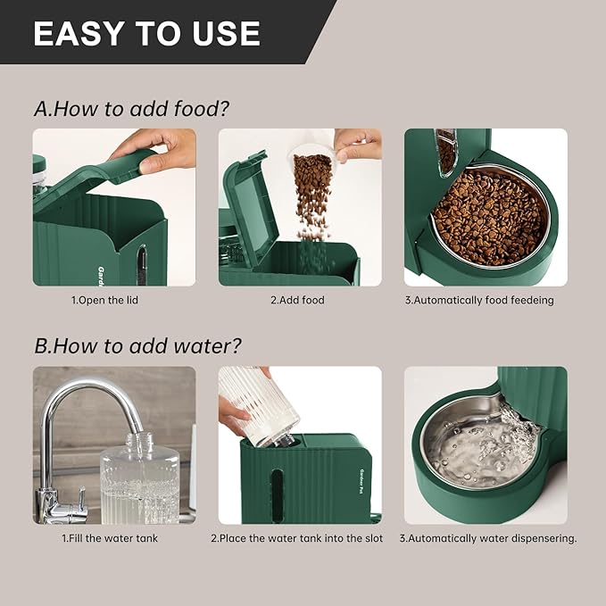 Gardner Pet Automatic Gravity Pet Feeder, 0.8 Gallons*2 Dog Feeder and Water Dispenser Set 100% BPA-Free, 2-in-1 Gravity Feeder with Stainless Steel Bowl for Dogs, Cats, Rabbits, Puppies (Green)-Mewly Pet