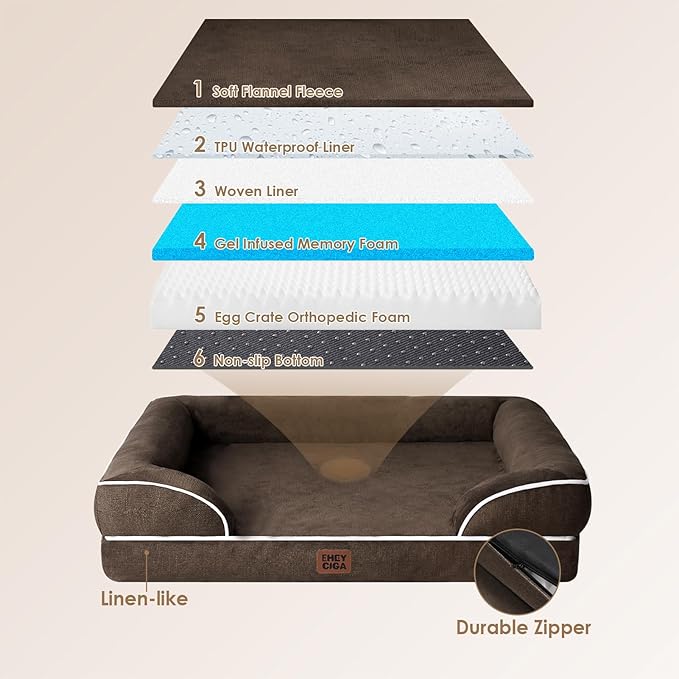 EHEYCIGA Orthopedic Dog Beds for Large Dogs, Waterproof Memory Foam Large Dog Bed with Sides, Non-Slip Bottom and Egg-Crate Foam Pet Couch Bed with Washable Removable Cover, Brown-Mewly Pet