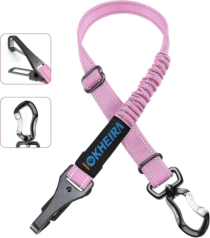 IOKHEIRA Dog Seatbelt - Adjustable Reflective Bungee Harness with Aluminum Swivel Carabiner-Mewly Pet