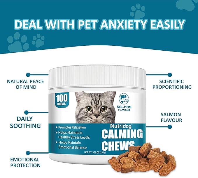 Cat Calming Treats - 100 Count Salmon Chews with Organic Chamomile & Ginger, Stress Relief Supplement for Separation Anxiety, Vet Visits & Thunderstorms (Salmon)-Mewly Pet