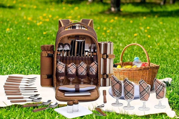 Apollo Walker Picnic Backpack Bag for 4 Person with Cooler Compartment,Wine Bag, Picnic Blanket(45"x53"),Best for Family and Lovers Gifts (Brown)-Mewly Pet