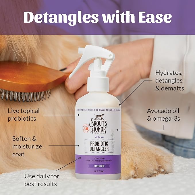 Skout's Honor Pet Detangler Spray - Hydrating & Conditioning with Avocado Oil & Probiotics, 97% Natural, Paraben & Sulfate-Free, softens for a More brushable Coat, Daily Use, 8oz, Lavender-Mewly Pet