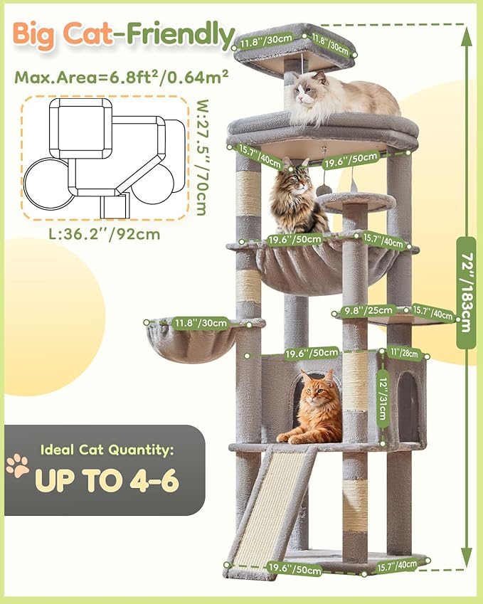 Taoqimiao 72 Inches Cat Tree for Large Cats, Multi-Level Tall Cat Tower, Widened Cat Condo with Large Scratch Board, 5 Scratching Posts, Metal Hammcock, Cozy Basket, Light Gray, MS045W-Mewly Pet