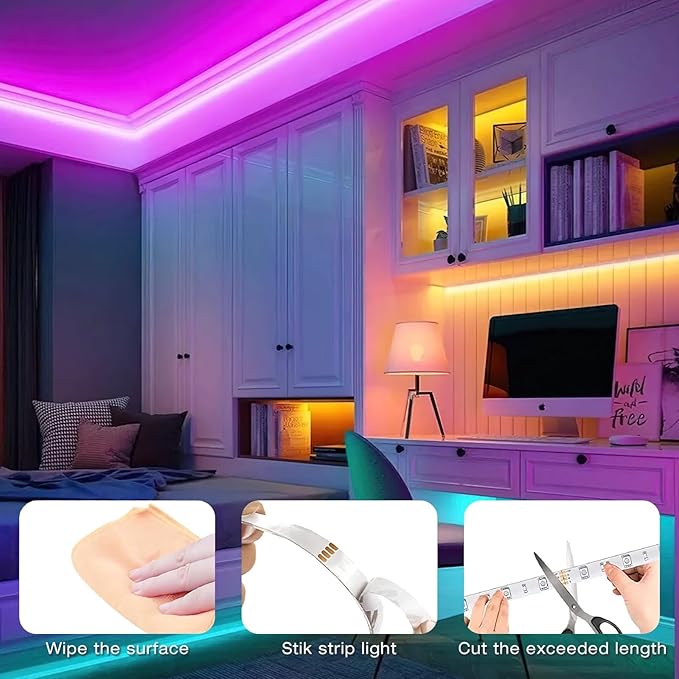 hyrion 200ft Led Strip Lights(2 Rolls of 100ft) for Bedroom with 44 Keys Remote,24 Volt Dimmable RGB Color Changing Led Lights for Bedroom,Living Room,Kitchen,Desk,Home Decoration