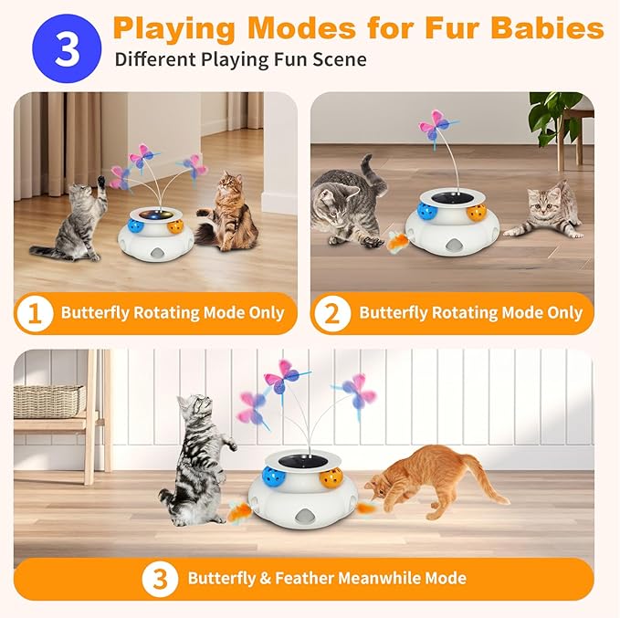 Interactive Cat Toys for Indoor Cats, 3in1 Rechargeable Pet Teaser Toy with Ambush Feather Wand, Fluttering Butterfly and Track Balls, Touch Activated Automatic Kitten Toys with Remote Control-Mewly Pet