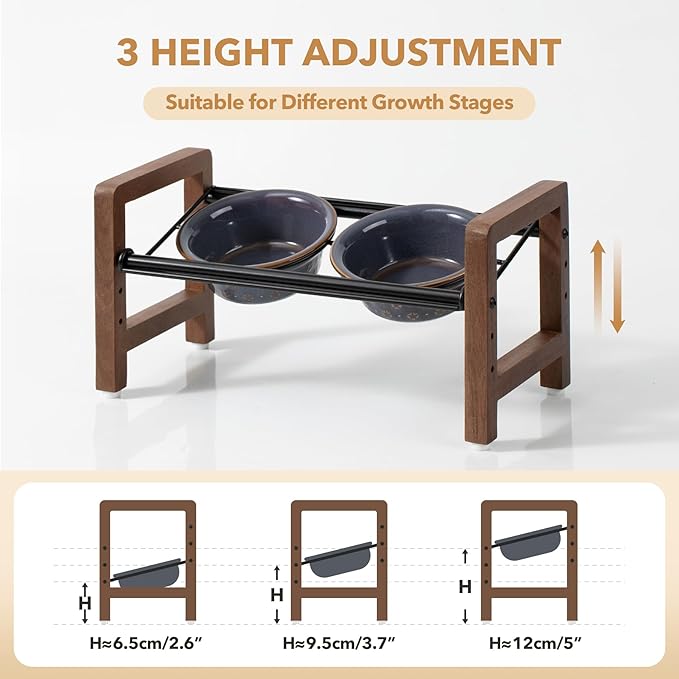 5.5inch Ceramic Adjustable Raised Double Bowls Set with Stand, 3 Heights Elevated, 2 Placement Options, Food and Water Dishes for Puppy, Cats（Double Bowls+Stand, Reactived Glaze -Grey-Mewly Pet