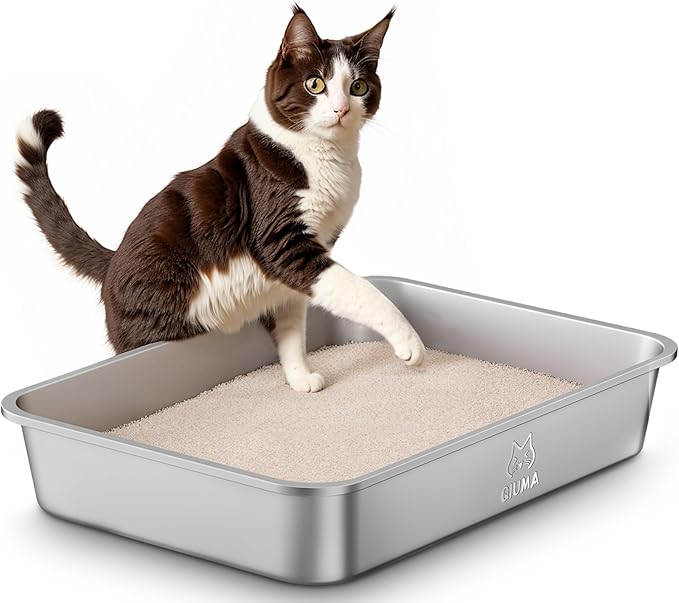 Stainless Steel Litter Box, Large Metal Cat Litter Box with High Sided for Big and Small Cats, Kitty Litter Boxes, Non-Stick, Easy to Clean, Odor-Free, Small Cat Toilet-Mewly Pet
