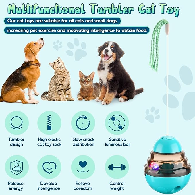 Tumbler Cat Toys for Indoor Bored Cats,Fun Wand Toy and Feather Toys Slow Feeder with Flash Ball,Cat Toys for Indoor Cats to Loss Weight and Exercise Feeding Pet Supplies Birthday Gift (Blue)-Mewly Pet