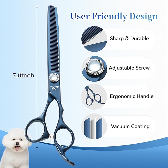 7 inch Matte Blue Thinning Dog Grooming Scissors Professional 440C Stainless Steel Dog Thinner Shears Smooth Cutting Comfortable Grip and Easy to Use for Groomers and Home Use-Mewly Pet
