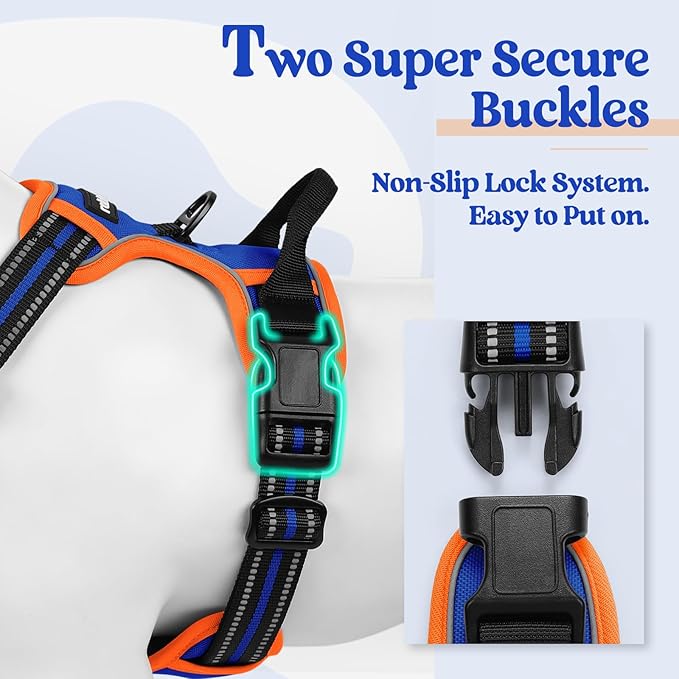 rabbitgoo Dog Harness No Pull with 2 Leash Clips, Adjustable Soft Padded, Reflective Oxford No Choke Pet Vest with Easy Control Handle for Large Dogs, Blue & Orange, XL-Mewly Pet