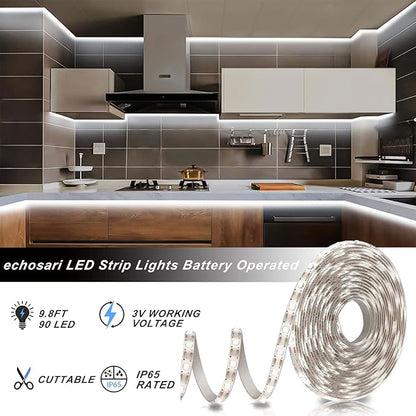 echosari Battery Operated Led Strip Lights White with Remote, 8 Modes, Dimmable, Timer, Self-Adhesive, Cuttable, for PC TV Kitchen Cabinet Shelves Bedroom Decor (3m 90LED)