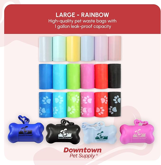 Downtown Pet Supply Dog Waste Bags (1000 CT - Rainbow Bags & 2 Dispensers) Clips to Dog Leashes & Harnesses - Poop Scoop Bags are Leak-Proof & Unscented-Mewly Pet