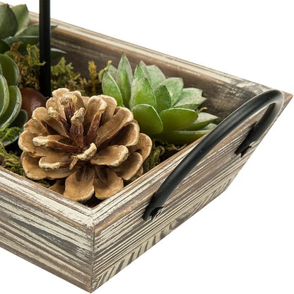 MyGift Solid Torched Wood Candlescape Display Tray Set with Metal Pillar Candle Holder and Decorative Fake Succulent Plants and Pine Cones - Holds 3 Candles