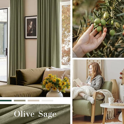Lazzzy Velvet Blackout Curtains Thermal Insulated Room Window Drapes Super Soft Luxury Curtains for Living Room Bedroom Rod Pocket 2 Panels, Olive Sage, 62" W x 84" L