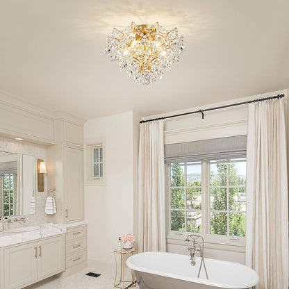 WUZUPS 5-Light Crystal Chandelier Flushmount Ceiling Light Modern Lighting Fixture for Bedroom Hallway Bar Kitchen Bathroom, H 12" W 15.4", E12 Base, Gold