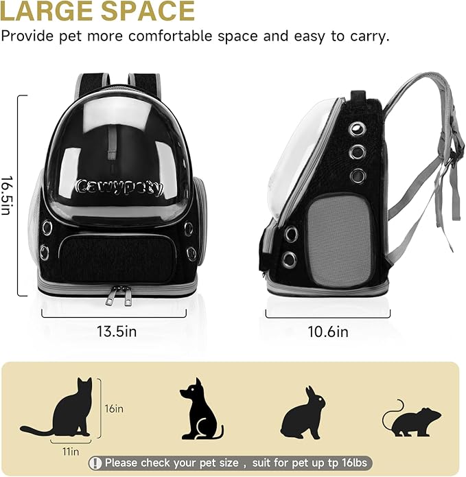 Cat Backpack Carrier, Breathable Cat Carrier Large Space Bubble Pet Backpack for Kitty Small Dog up to 12lbs, Transparent & Foldable Pet Carrier for Travel Hiking (Black-Mewly Pet