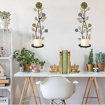 Wall Sconces Candle Holder Set of 2, Antique White Leaf and Flower Branch Wall Mount Hanging Metal Wall Candle Holder Candle Sconce for Living Room Dining Room
