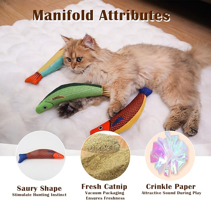 Cat Toys 4 Pack, Fish Shaped Catnip Toys with Crinkle Sound, Durable Interactive Chew & Kicker Toys for Indoor Cats, 8.1 Inch for All Breeds-Mewly Pet