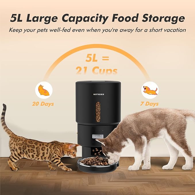 Automatic Cat Feeder - 5L Anti-Clog Cat Food Dispenser with Freshness Preservation, 1-6 Meals/Day, Programmable Portions, 10s Voice, 180-Day Battery Life, Auto Pet Feeder for Multi Cats and Dogs-Mewly Pet