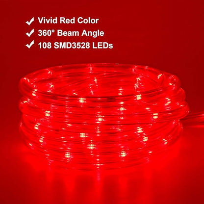 Red LED Lights, 16ft Rope Lights, Flexible and Connectable Strip Lighting, Waterproof for Indoor Outdoor Use, 360 Beam Angle, High Brightness for Home Christmas Thanksgiving Halloween