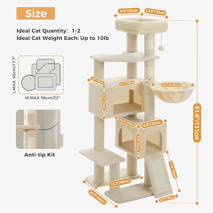 PAWZ Road Cat Tree, 51.6 Inches Cat Tower with Dual Condos, Spacious Perch, Cozy Basket and Sisal-Covered Scratching Posts for Indoor Cats- Beige-Mewly Pet