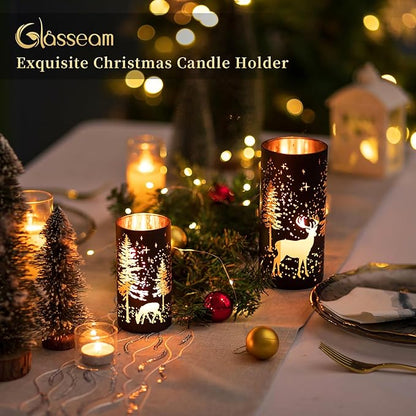 Glasseam Christmas Hurricane Candle Holder: 2 Pcs Black Candle Holders for Pillar Candles Cylinder Mercury Glass Candle Holder Reindeer Candle Holders for Table Centerpiece Thanksgiving Decorations