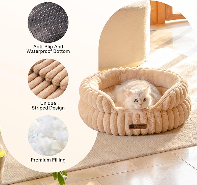 MEWOOFUN Washable Small Dog Bed, Cat Beds for Indoor Cats with Anti-Slip Bottom, Round Pet Bed for Puppy and Kitten (Camel, 24"x24"x9")-Mewly Pet