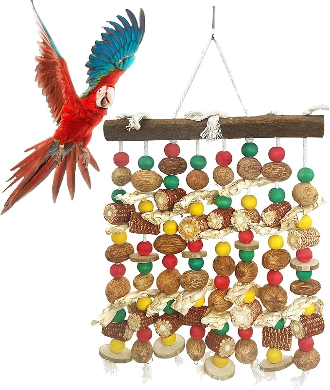 PINVNBY Large Parrot Toys Natural Nuts Corn Cob Wooden Chewing Tearing Toy for African Grey Macaws Amazon Cockatoos Eclectus Conures Cockatiels Cockatoo and Large Medium Parrot Birds (Colorful)-Mewly Pet