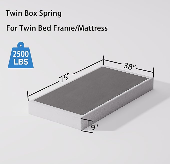 Twin Size Box Spring and Cover Set, 9 Inch High Profile Metal BoxSpring, Heavy Duty Structure Mattress Foundation, Noise Free, Non-Slip, Easy Assembly