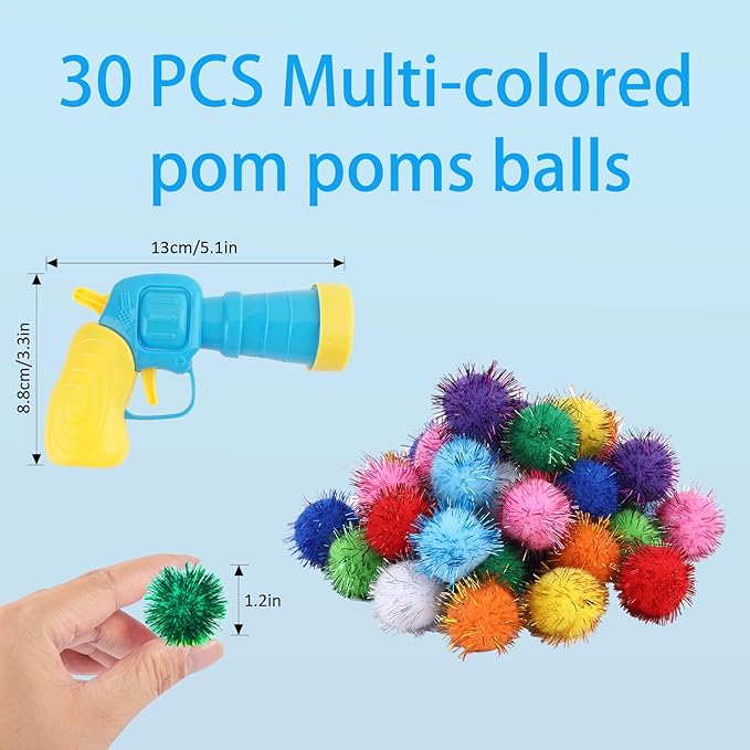 Dorhui Cat Toy Gun Launcher - 30 Pcs Sparkle Pom Pom Balls and Ball Launcher, Fetch Toy Gun Shooter, Interactive Glitter Balls for Indoor Cats and Kitty Gifts-Mewly Pet
