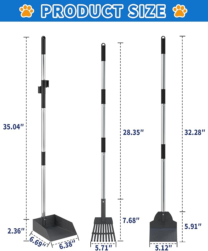 Dog Pooper Scooper Set, Stainless Metal Tray Rake Spade 3 Pack, Long Handle Pet Waste Scooper for Large Medium Small Dogs, Heavy Duty Poop Scooper for Yard, Grass, Dirt or Gravel-Mewly Pet