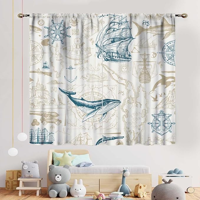 Vintage Nautical Curtains, Marine Coastal Sailboat Compass Anchor Ocean Beach Whale Old Pirate Map Decorative Drapes for Bedroom Living Room Kitchen Bathroom Window 2 Panels Set, 42"x45" Inch