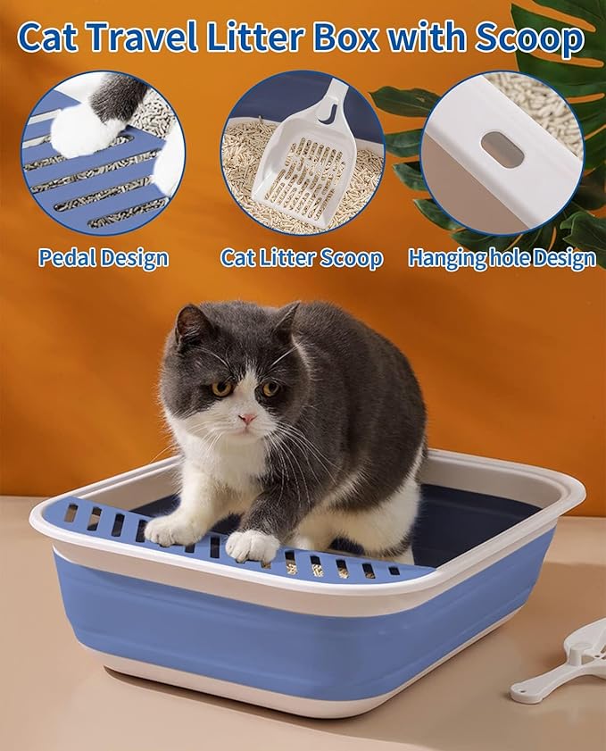 BNOSDM Collapsible Small Cat Litter Box for Kittens Open Potty Pan Foldable Cat Toilet with Scoop Senior Kitty Travel Shallow Litters Boxes Anti-Splash Waterproof Blue 17.7"×13.4"-Mewly Pet