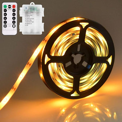 LED Strip Lights Battery Operated, 9.8 Ft 90 LED Led Strip Lights with Remote Timer Dimmable, Waterproof Flexible Lights Strip for Indoor Outdoor TV Table Bedroom Boat Kitchen (Warm White)