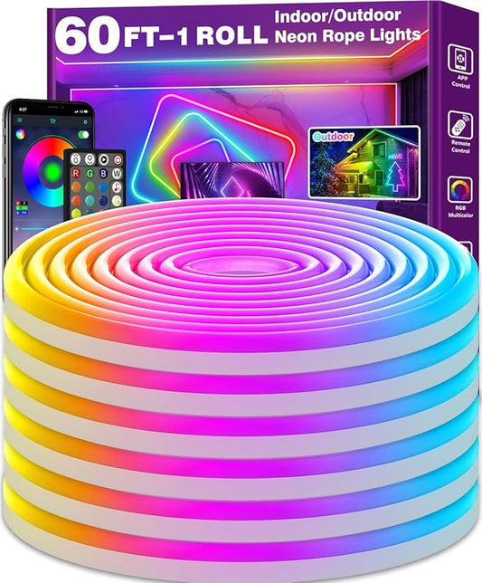 AILBTON 60Ft Neon Rope Lights,Flexible Led Rope Lights Control with App/Remote,Multiple Modes Rope Lights,IP65 Outdoor RGB Led Neons Lights,Music Sync Gaming Led Neon Light Strip for Bedroom Decor