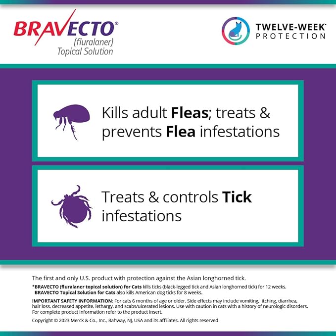 BRAVECTO Topical Solution for Cats, Flea & Tick, 12 Week Supply, >6.2-13.8 lbs., Blue Box-Mewly Pet