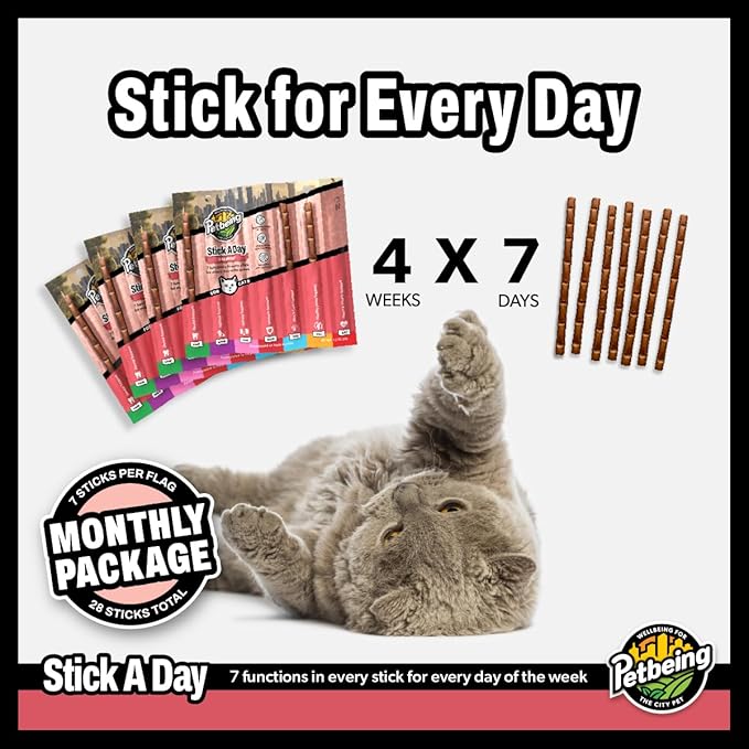 Stick a Day | Specially Formulated 7-in-1 Functions Daily Real Meat Supplement for Cats | Cat Chew Stick & Pet Vitamins Supplements Combination (7-Pack x 4, Salmon)-Mewly Pet