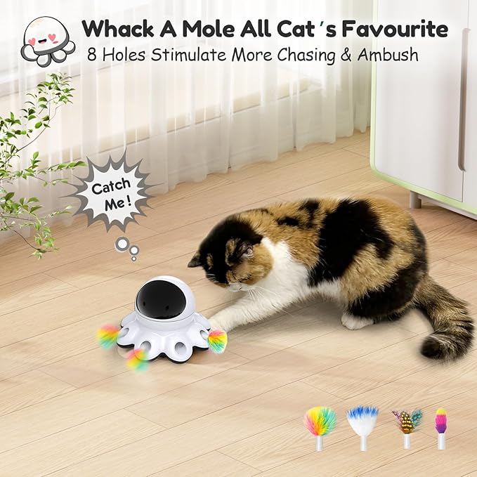 ORSDA Cat Laser Toy, 2-in-1 Interactive Automatic Motion Activated Moving 8 Holes Whack A Mole Feather, USB Rechargeable Electronic Smart Sensor Kitten Toys for Indoor Exercise-Mewly Pet