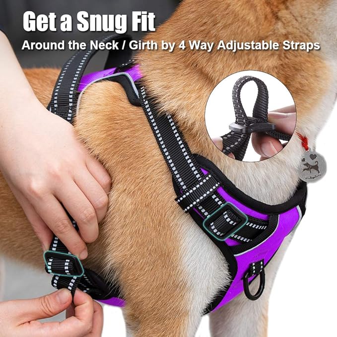 PoyPet No Pull Dog Harness, Reflective Comfortable Vest Harness with Front & Back 2 Leash Attachments and Easy Control Handle Adjustable Soft Padded Pet Vest for Small to Large Dogs (Purple,M)-Mewly Pet