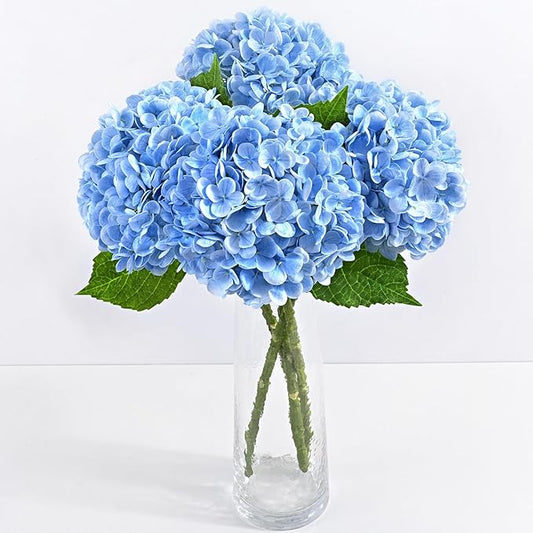 4 Pcs Real Touch Hydrangea Artificial Flowers, 21" Blue Full Faux Hydrangea Flowers Latex Fake Flowers for Home Decor Party Floral Arrangements Wedding Bouquets Centerpieces Outdoor Decor