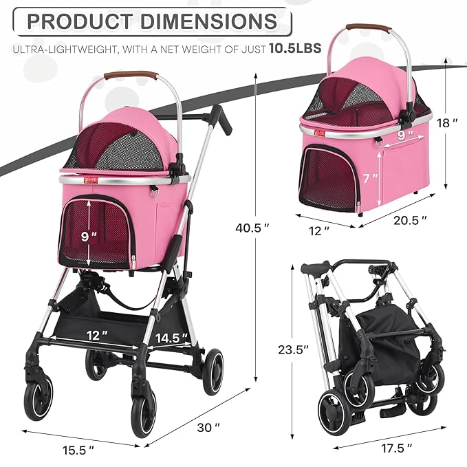 MoNiBloom Pet Stroller for Small/Medium Dogs w/Detachable Carrier & Lightweight Aluminum Frame, Folding Jogging Travel Stroller, Pink-Mewly Pet