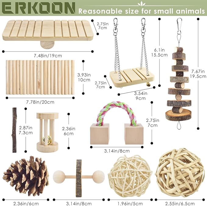 ERKOON New 12 Pack Hamster Chew Toys Gerbil Rat Guinea Pig Chinchilla Chew Toys Accessories, Natural Wooden Dumbbells Exercise Bell Roller Teeth Care Molar Toy for Rabbits Bird Rabbits Hamster Gerbil-Mewly Pet