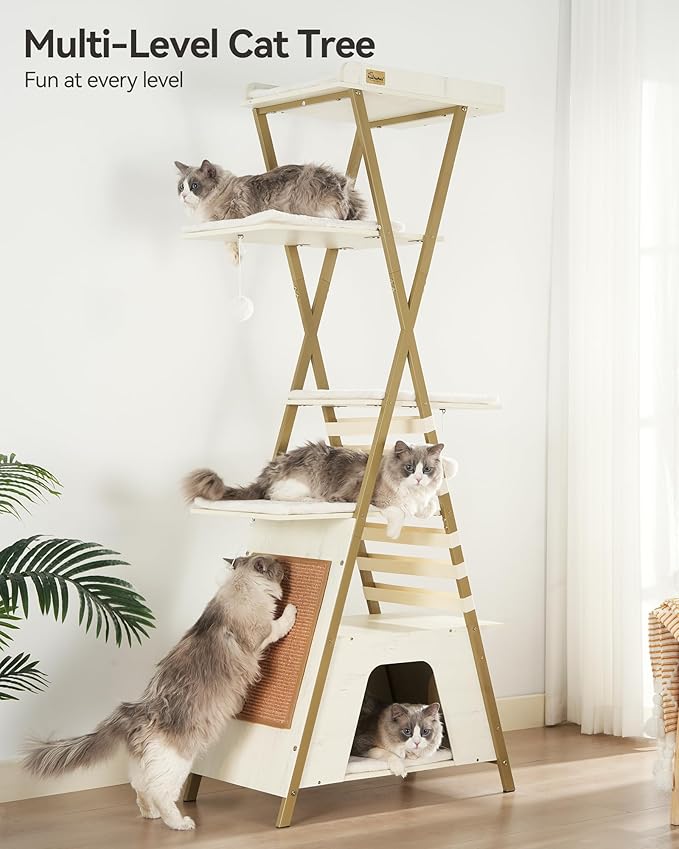 FourFurPets 72.4" Cat Tree, Modern Cat Tower for Indoor Cats, Multi-Level Cat Condo with Caves, Tall Cat Tree with Cat Scratching Board, Wooden Cat Tower with Large Perch, Removable Pads, White-Mewly Pet
