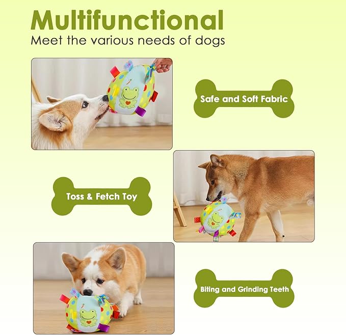 Dog Squeaky Plush Toy with Straps, 6-Inch Soft Stuffed Ball with Cotton Material and Bell Built-in, Pet Interactive Fetch Toy for Small to Large Dog-Mewly Pet