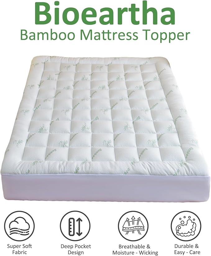 Bioeartha Cooling Mattress Topper King – Extra Soft Pillow Top Mattress Pad, Breathable Viscose Made from Bamboo Mattress Protector for Back Pain Relief, Deep Pocket Cover Fits 8–21 Inch