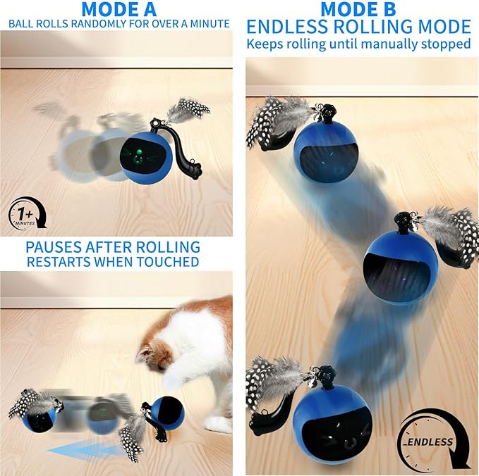 Interactive Cat Toy Ball with Remote Control, Automatic Moving & Rolling Cat Feather Toy, USB Rechargeable, Motion Activated Remote Control Cat Toy for Indoor Cats (Blue)-Mewly Pet