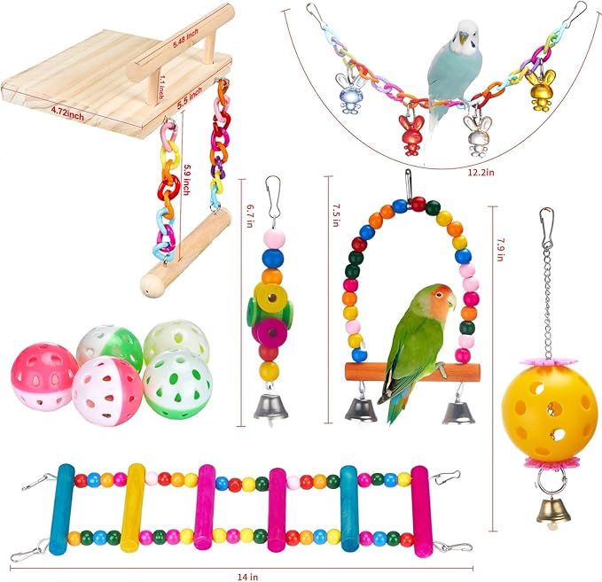 11Pcs Bird Parakeet Toys Wooden Bird Platform Stands Swing Hanging Chewing Toy Parrot Climbing Ladder Colorful Bird Cage Toys for Parakeet, Conure, Cockatiel, Love Birds, Finches-Mewly Pet