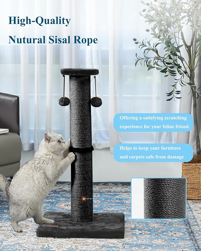 Kilodor 34Inch Tall Cat Scratching Post,4.3Inch Diameter Large Sisal Cat Scratch Post with Ball, Sturdy and Durable Cat Scratcher for Indoor Cats Adults Black-Mewly Pet